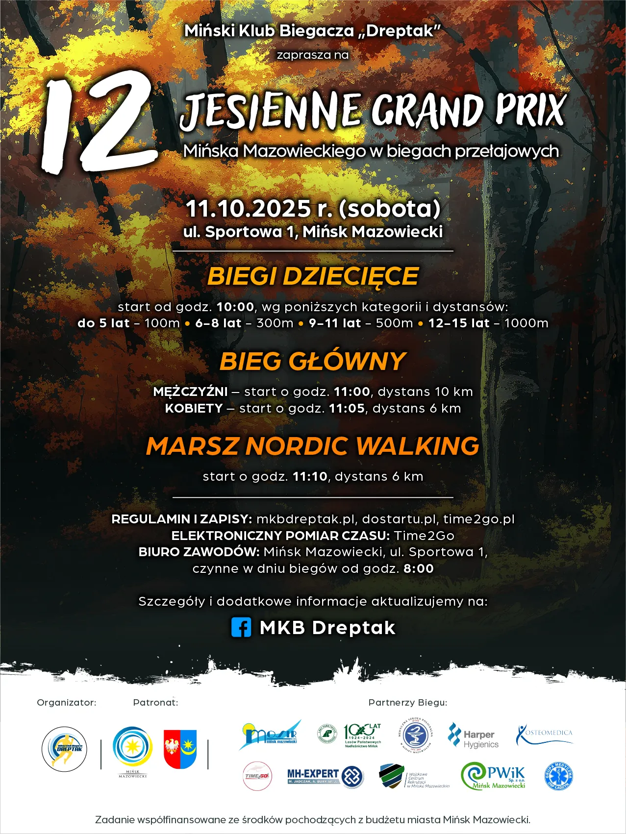Plakat wydarzenia Jesienne Grand Prix biegów przełajowych w Mińsku Mazowieckim z datą 11.10.2025 i szczegółami dotyczącymi kategorii biegów dziecięcych, biegu głównego oraz marszu Nordic Walking na tle jesiennego lasu.