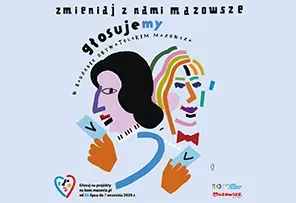Dwa stylizowane profile twarzy skierowane w przeciwnych kierunkach, otoczone tekstem promującym głosowanie w wyborach Budżetu Obywatelskiego na Mazowszu.