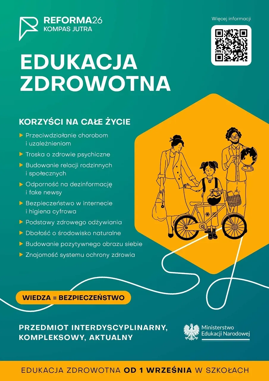 Kliknięcie powiększy obraz. Na turkusowym tle iformacje tekstowe, z prawej w kształcie sześcianu ilustracja trzech postaci obok roweru na pomarańczowym tle.