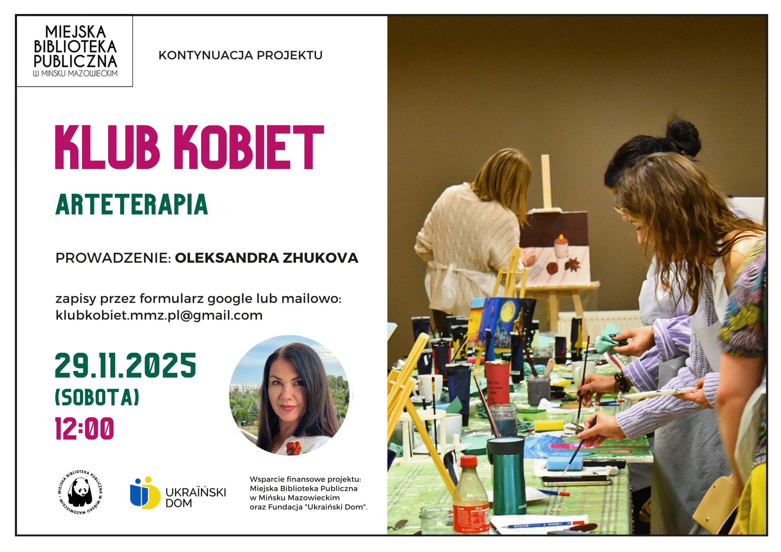 Plakat z informacją o Klubie Kobiet - arteterapia prowadzona przez Oleksandrę Zhukovą, z datą 29.11.2025 godzina 12:00. Po prawej stronie zdjęcie kilku kobiet malujących obrazy przy stole w pracowni.