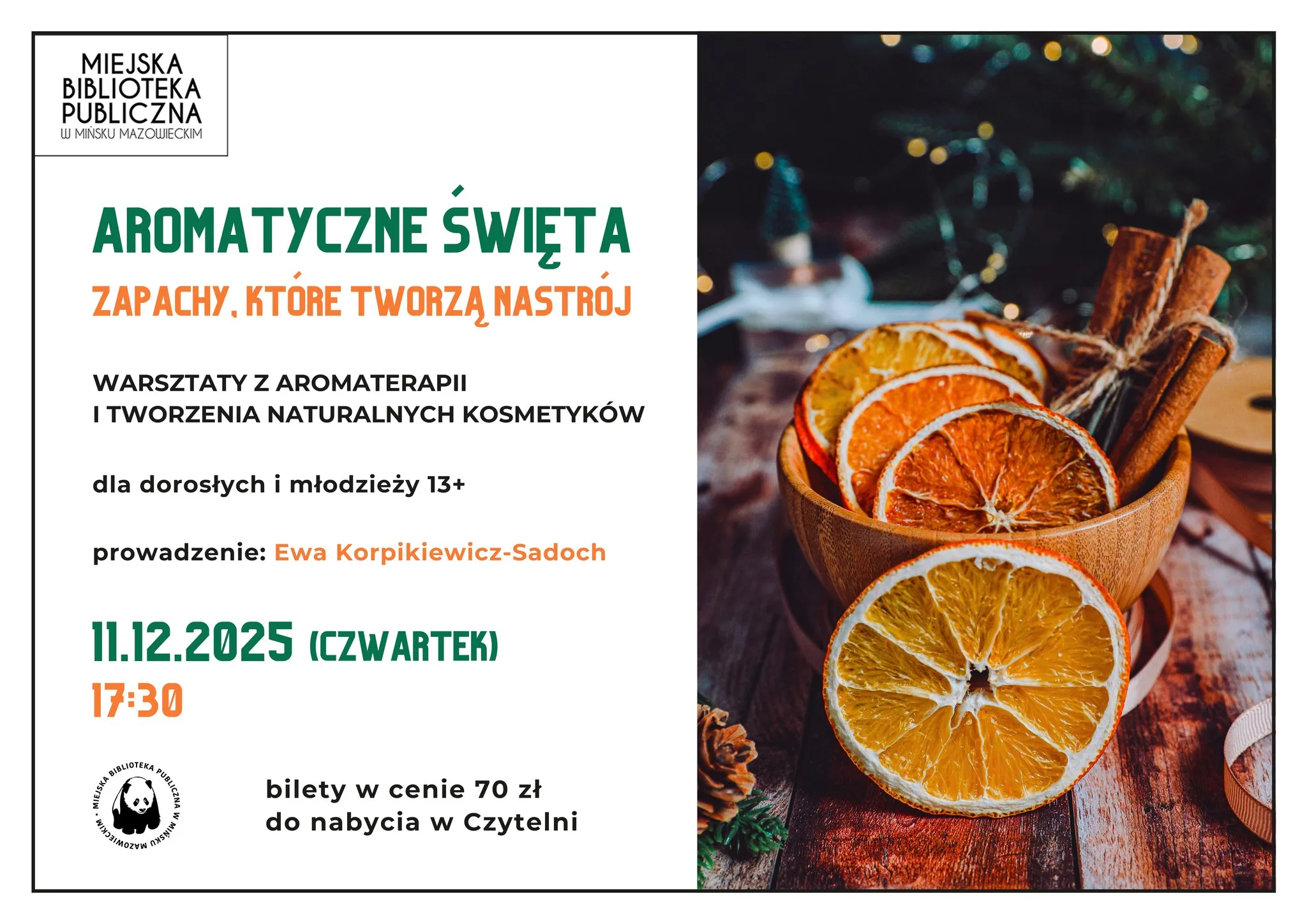 Po lewej stronie tekst na białym tle, po prawej miska z suszonymi plasterkami pomarańczy i laskami cynamonu na drewnianym stole, rozmyte światełka w tle.