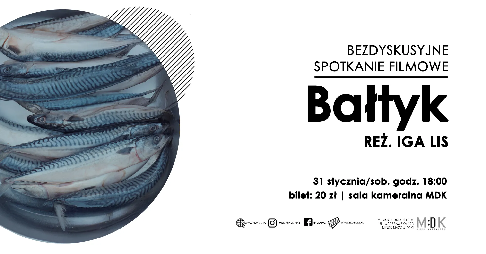 Rząd ułożonych makrel w okrągłym kształcie po lewej stronie na jasnym tle, a obok tekst informujący o pokazie filmowym na białym tle.