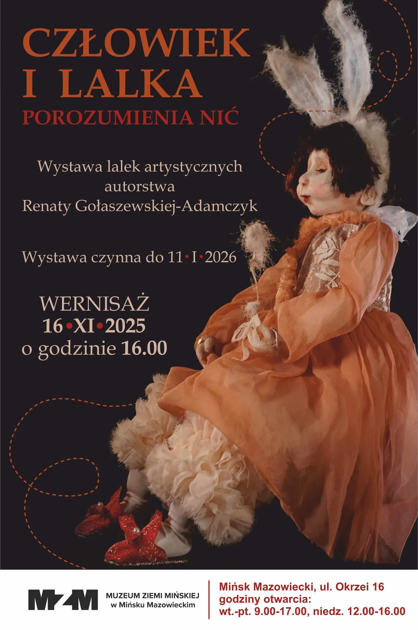 Na ciemnym tle kolorowe informacje. Po prawej stronie lalka w pomarańczowej sukni, białej spódnicy i czerwonych bucikach, z króliczymi uszami na głowie, trzymająca kwiat. 