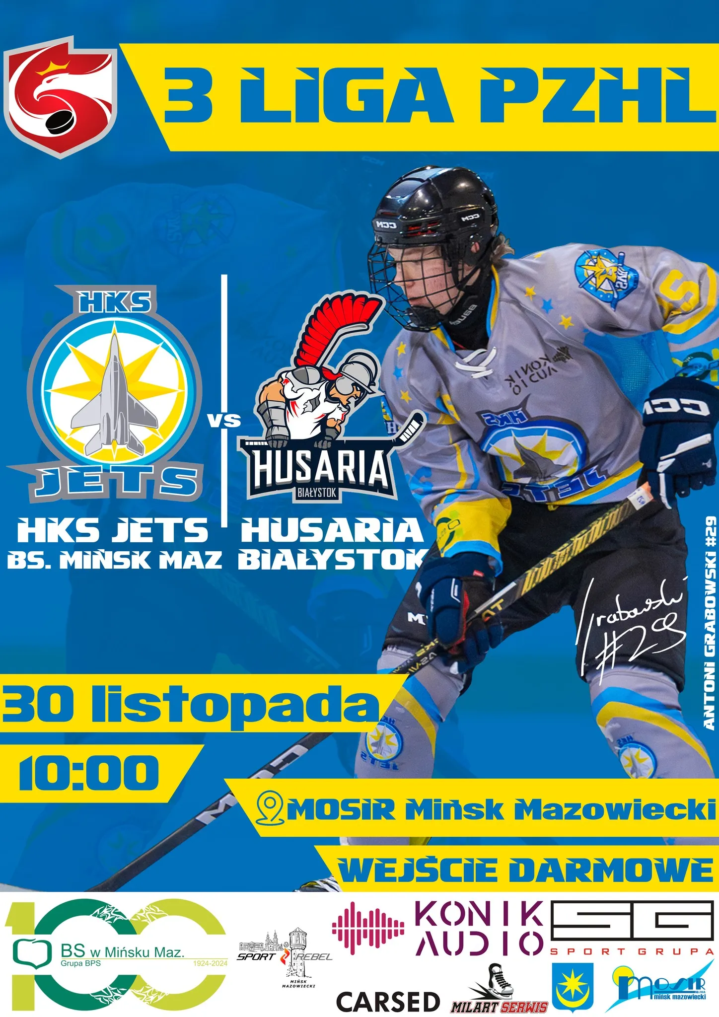 Na niebieskim tle z żółtymi elementami zdjęcie hokeisty w szaro-żółtym stroju Jets trzymającego kij hokejowy. Naokoło informacje i loga.