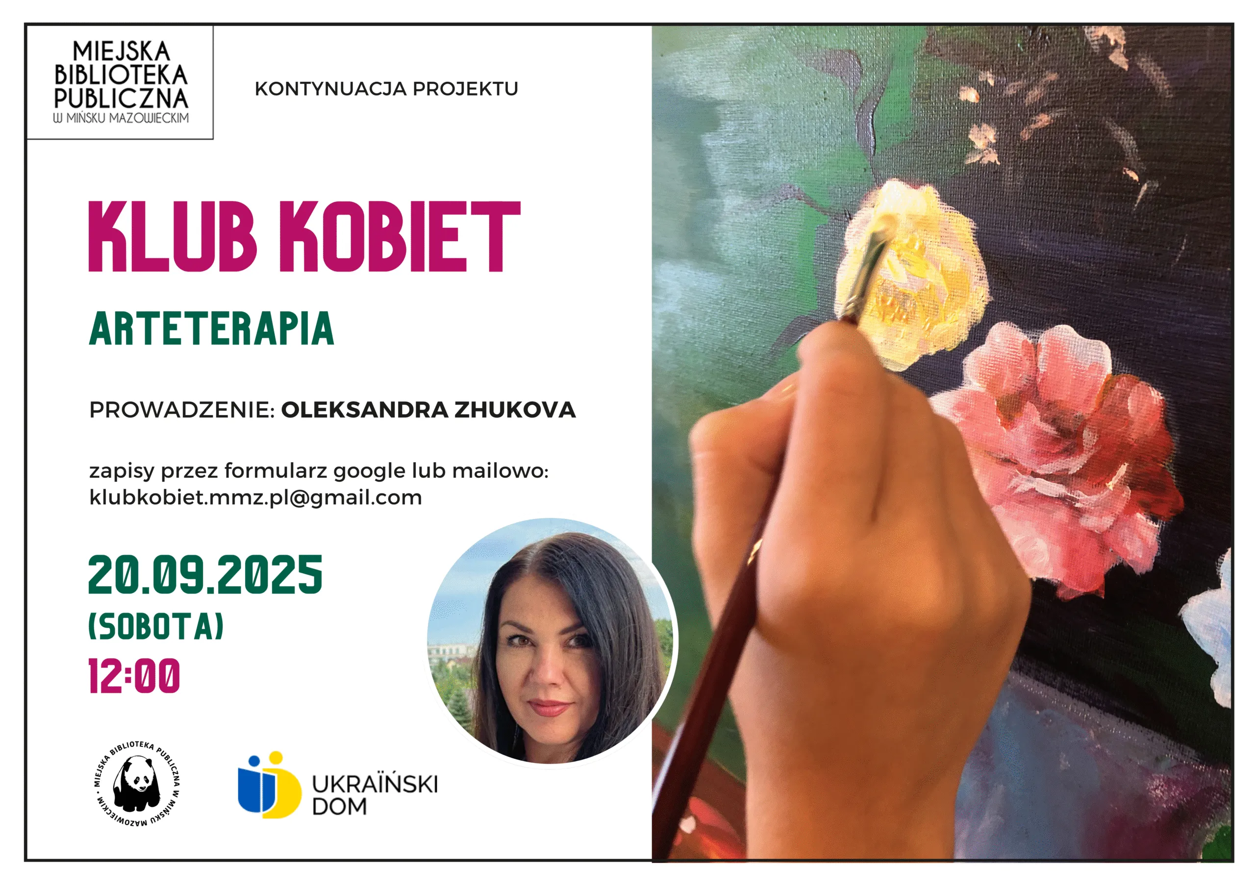 Kliknięcie powiększy obraz. Kobieta maluje pędzlem kwiaty na płótnie obok informacji o klubie kobiet, arteterapii prowadzonej przez Oleksandrę Zhukovą, z datą 20.09.2025 i godziną 12:00 w Miejskiej Bibliotece Publicznej w Mińsku Mazowieckim.