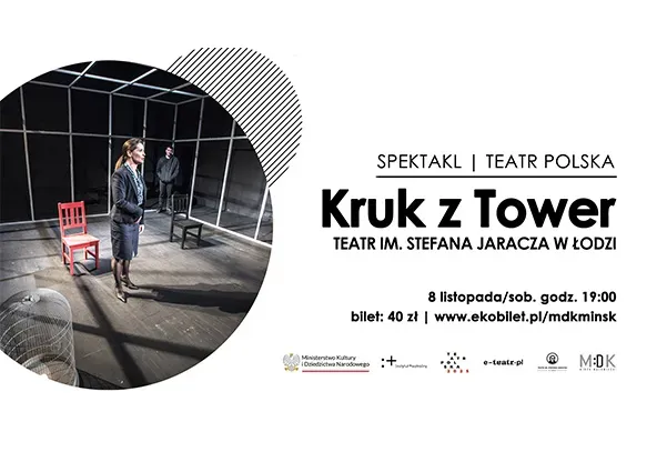 Po lewej stronie dwóch aktorów na scenie w minimalistycznej scenografii, po prawej napisy na białym tle.