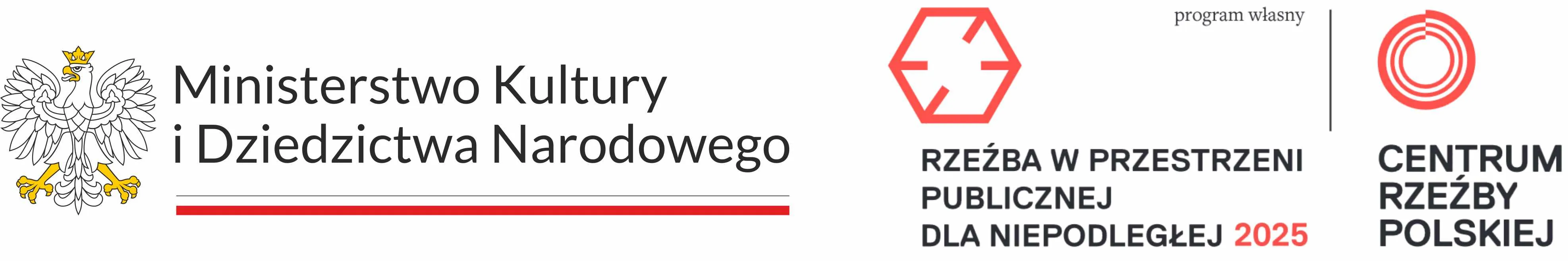 Godło Polski obok napisu Ministerstwo Kultury i Dziedzictwa Narodowego, obok logo i napisu Rzeźba w przestrzeni publicznej dla niepodległej 2025 oraz logo i napisu Centrum Rzeźby Polskiej.