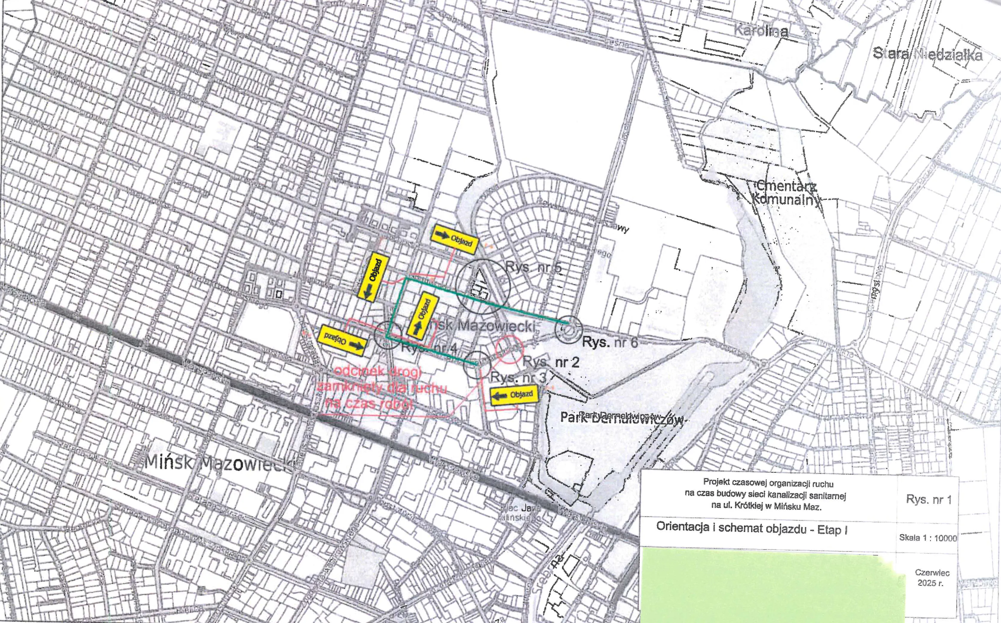 Mapa przedstawia układ ulic w Mińsku Mazowieckim z oznaczonymi objazdami oraz ważnymi punktami, takimi jak cmentarz komunalny i Park Derneńkowy.