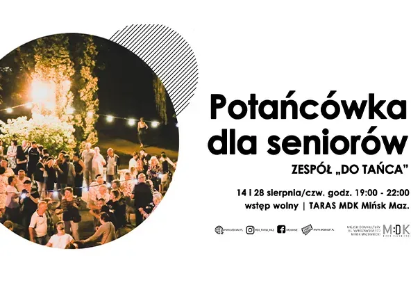 Na obrazie widać grupę ludzi bawiących się na zewnątrz, otoczoną oświetlonymi drzewami, z informacją o wydarzeniu "Potaniówka dla seniorów" oraz szczegółami dotyczącymi daty i miejsca.