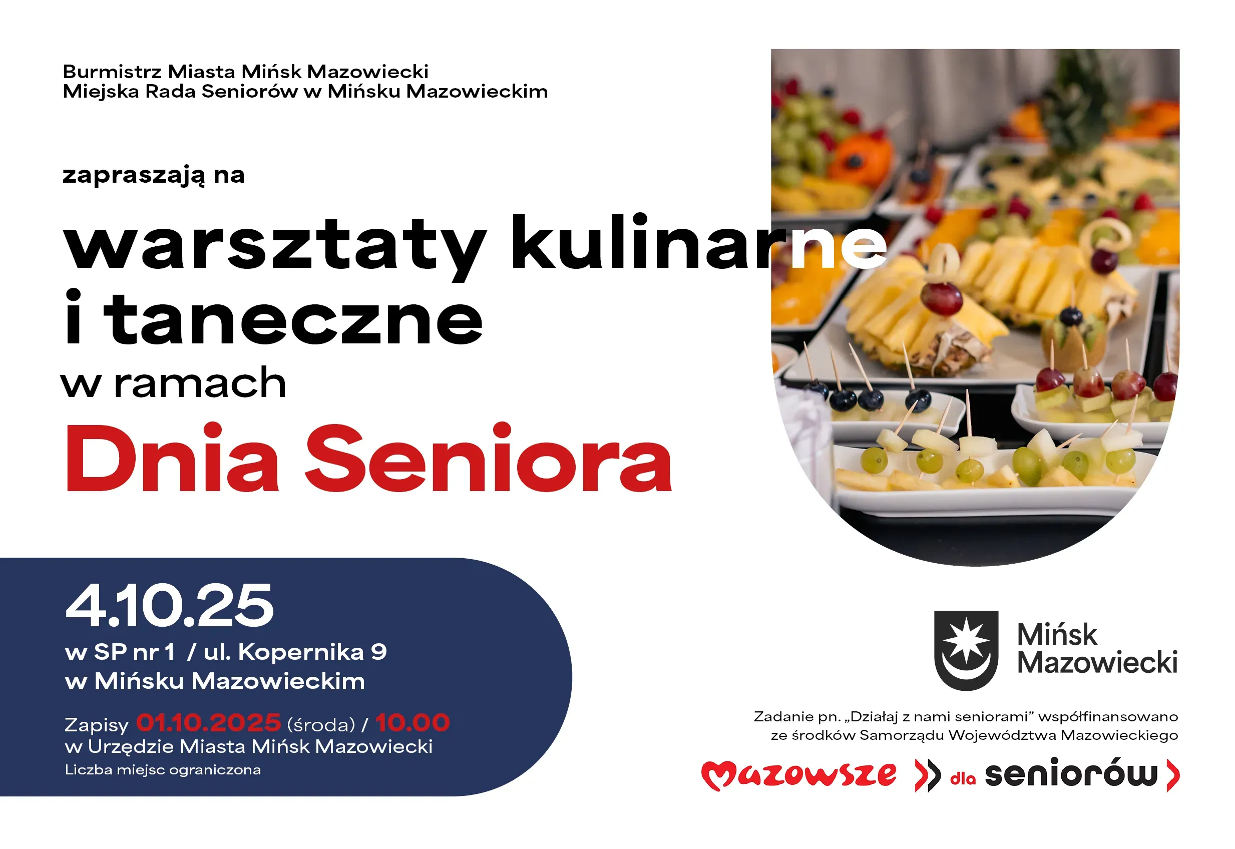 Na białym tle kolorowe informacje. W górnym prawym rogu w kształcie herbu zdjęcie z widokiem na tace z owocowymi przekąskami.