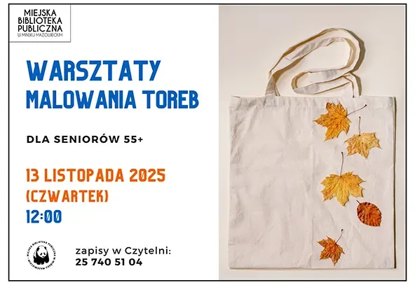 Po lewej na białym tle kolorowe informacje. Po prawej stronie jasna torba na ramię ozdobiona czterema suchymi liśćmi w ciepłych odcieniach jesieni.