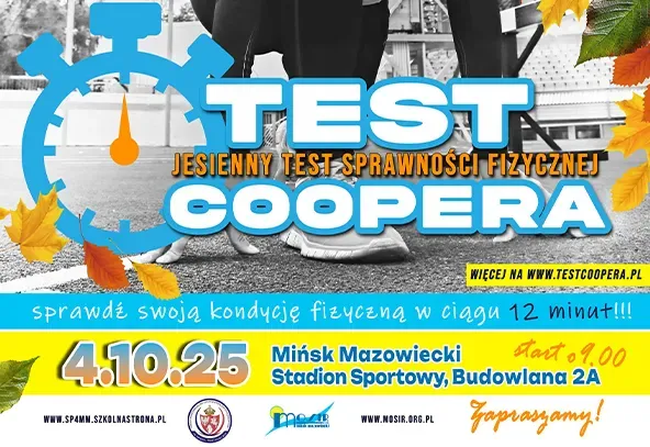 Kolorowa grafika i informacje zamieszczone w artykule. Po środku grafika stoperu z jesiennymi liścmi. W tle zdjęcie butów sportowych na nawierzchni.