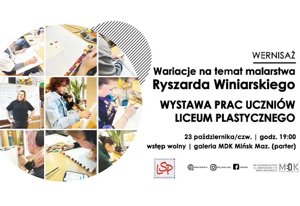 Po lewej w kole kolaż ośmiu zdjęć uczniów podczas zajęć plastycznych, z dominującymi jasnymi kolorami i twórczą atmosferą. Po prawej na białym tle informacje o wydarzeniu zawarte w treści