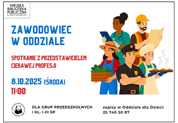 Zapowiedź spotkania w bibliotece dla dzieci z przedstawicielem różnych zawodów odbywającego się 8 października 2025 o godzinie 11:00.
