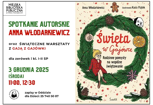 Po prawej stronie ilustracja zielonego wianuszka świątecznego z postacią dziewczynki w czerwonej sukience, pieskiem i ozdobami. Po lewej na białym tle czerwono-zielone informacje o wydarzeniu