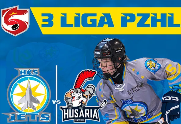Niebieskie tło z napisem "3 LIGA PZHL" na górze na żółtym pasku. Po lewej logo drużyny HKS Jets z szarym samolotem i żółtą gwiazdą, po prawej logo drużyny Husaria Białystok z rycerzem w hełmie. Po prawej stronie postać hokeisty w niebiesko-szarym stroju z hełmem i maską na twarzy.
