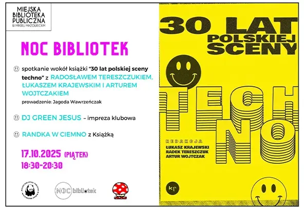 Po lewej na białym tle kolorowe informacje. Po lewej na żółtym tle duże, czarne napisy oraz dwie czarne, uśmiechnięte buźki – jedną większą u góry, drugą mniejszą na dole. Słowo „TECHNO” jest graficznie stylizowane.