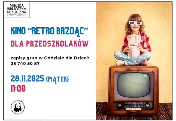 Dziewczynka w czerwono-białej koszuli i niebieskich spodniach w białe gwiazdy siedzi na staromodnym telewizorze. Ma na oczach okulary 3D i trzyma pudełko popcornu. Tło jest żółte. Po lewej stronie na białym tle kolorowe informacje.