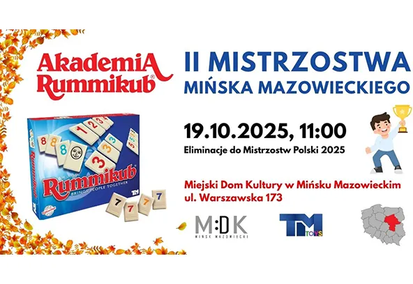 Informacja o II Mistrzostwach Mińska Mazowieckiego w Rummikub odbywających się 19 października 2025 o godzinie 11:00 w Miejskim Domu Kultury przy ulicy Warszawskiej 173, wraz z logotypami organizatorów i mapą z zaznaczonym województwem mazowieckim.