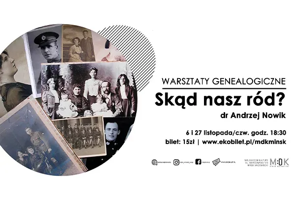 Stare rodzinne fotografie w okrągłym kształcie po lewej stronie na białym tle, po prawej czarny tekst informujący o warsztatach genealogicznych na białym tle