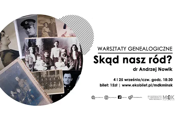 Po lewej w kole zdjęcia archiwalne kilkunastu osób ustawione w kolaż. Po prawej na białym tle informacje zawarte w treści