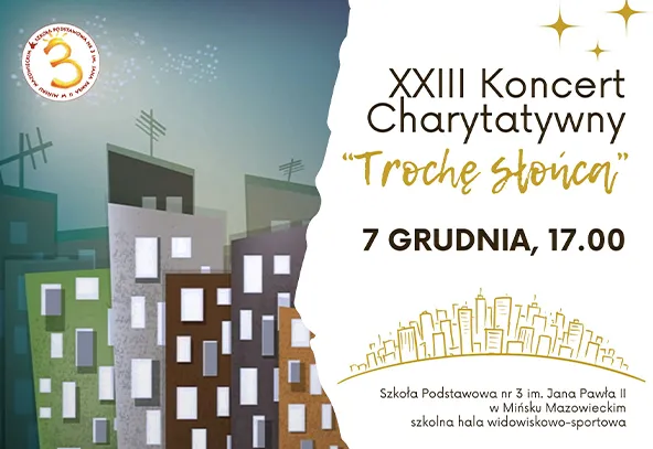 Kolorowa ilustracja wieżowców po lewej stronie na tle nocnego nieba, po prawej stronie białe tło z tekstem zapraszającym na koncert charytatywny.