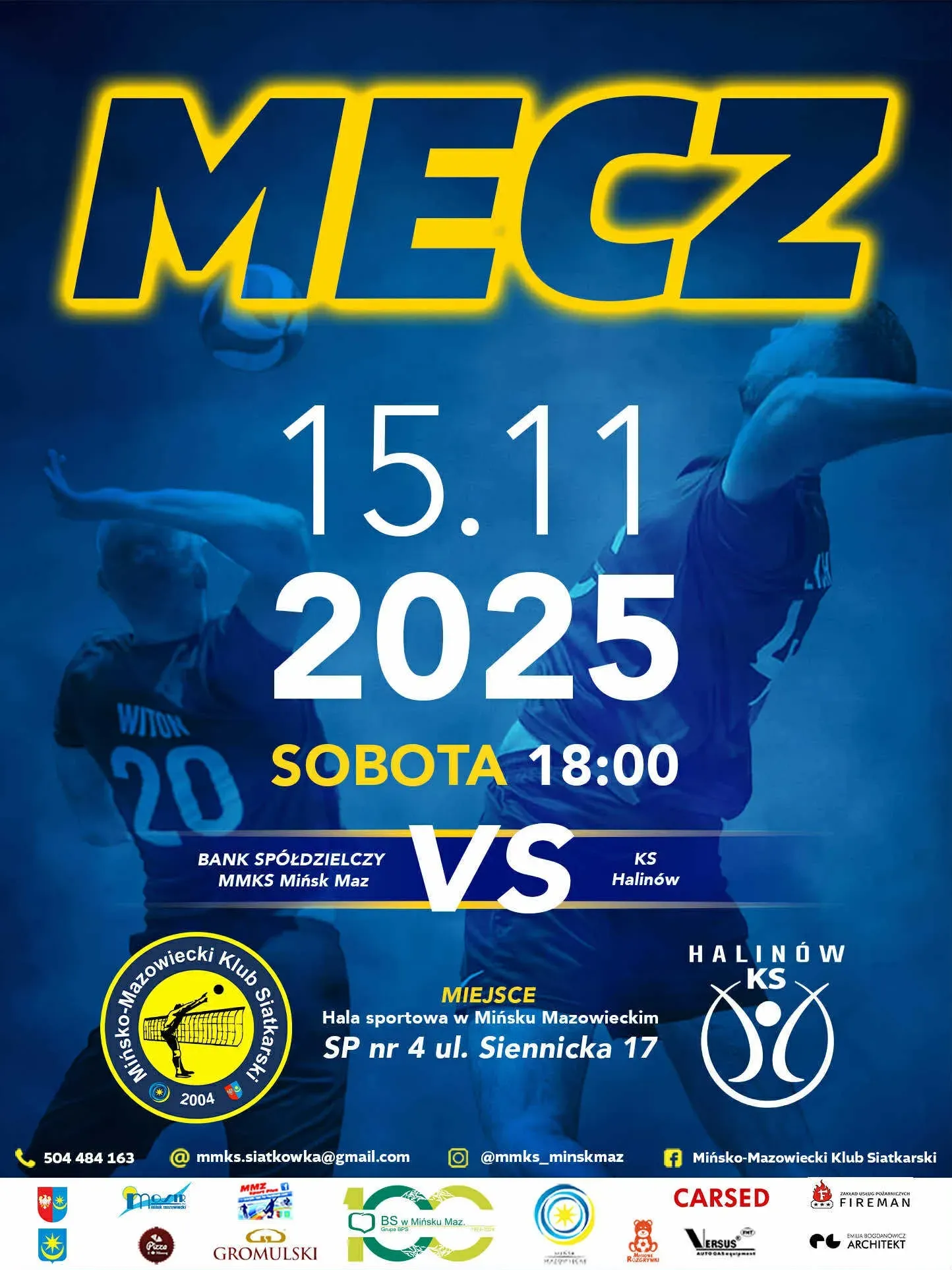 Na niebieskim tle dwóch siatkarzy w akcji. Naokoło kolorowe informacje o wydarzeniu.