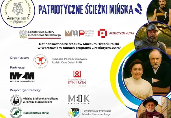 Na białym tle kolorowe napisy. Z prawej portrety osób  historycznych, ułożone w koliste ramki.