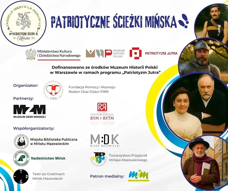 Kliknięcie powiększy obraz. Na białym tle kolorowe napisy. Z prawej portrety osób historycznych, ułożone w koliste ramki.