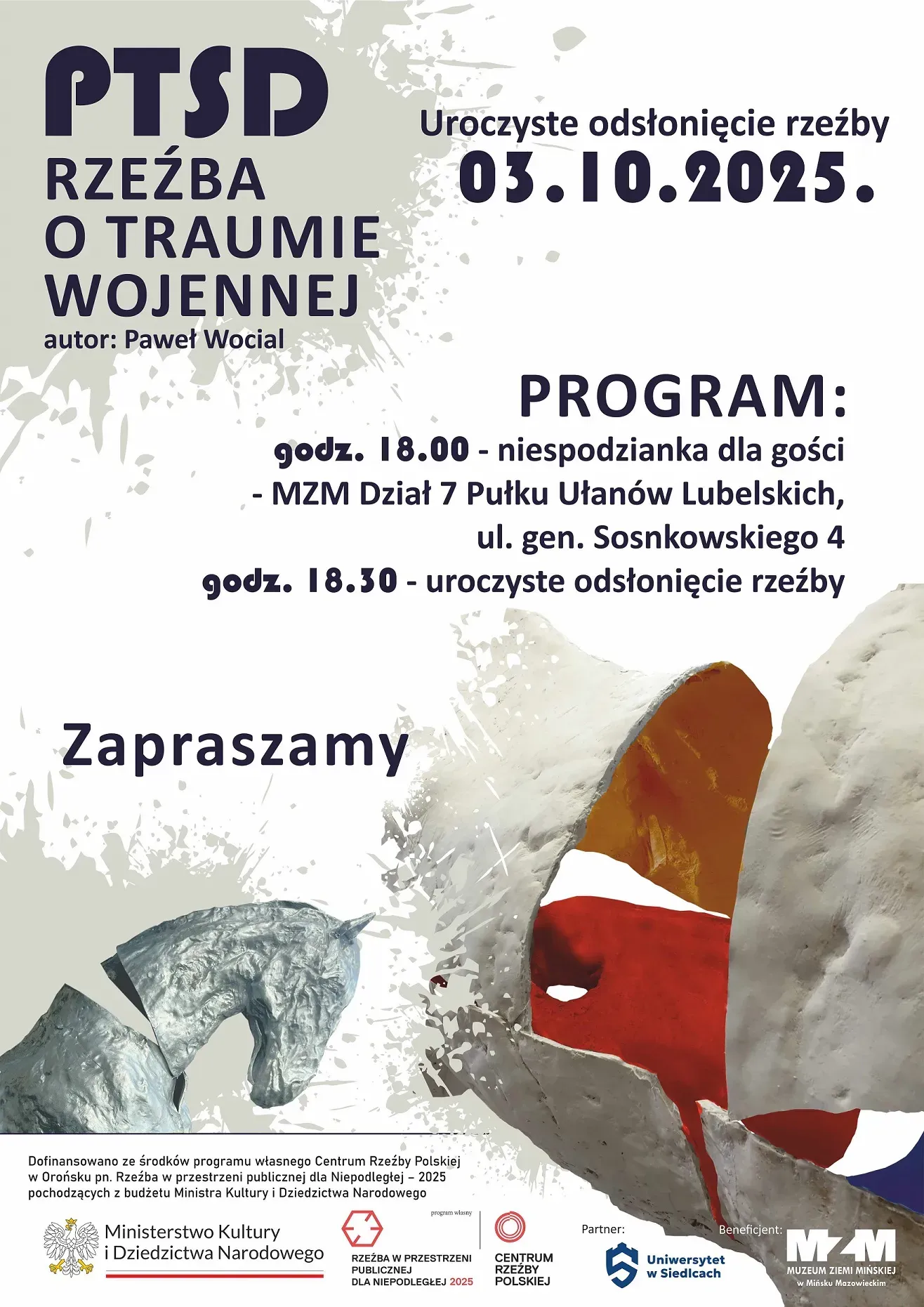 Granatowe napisy na biało-szarym tle z fragmentem rzeźby.