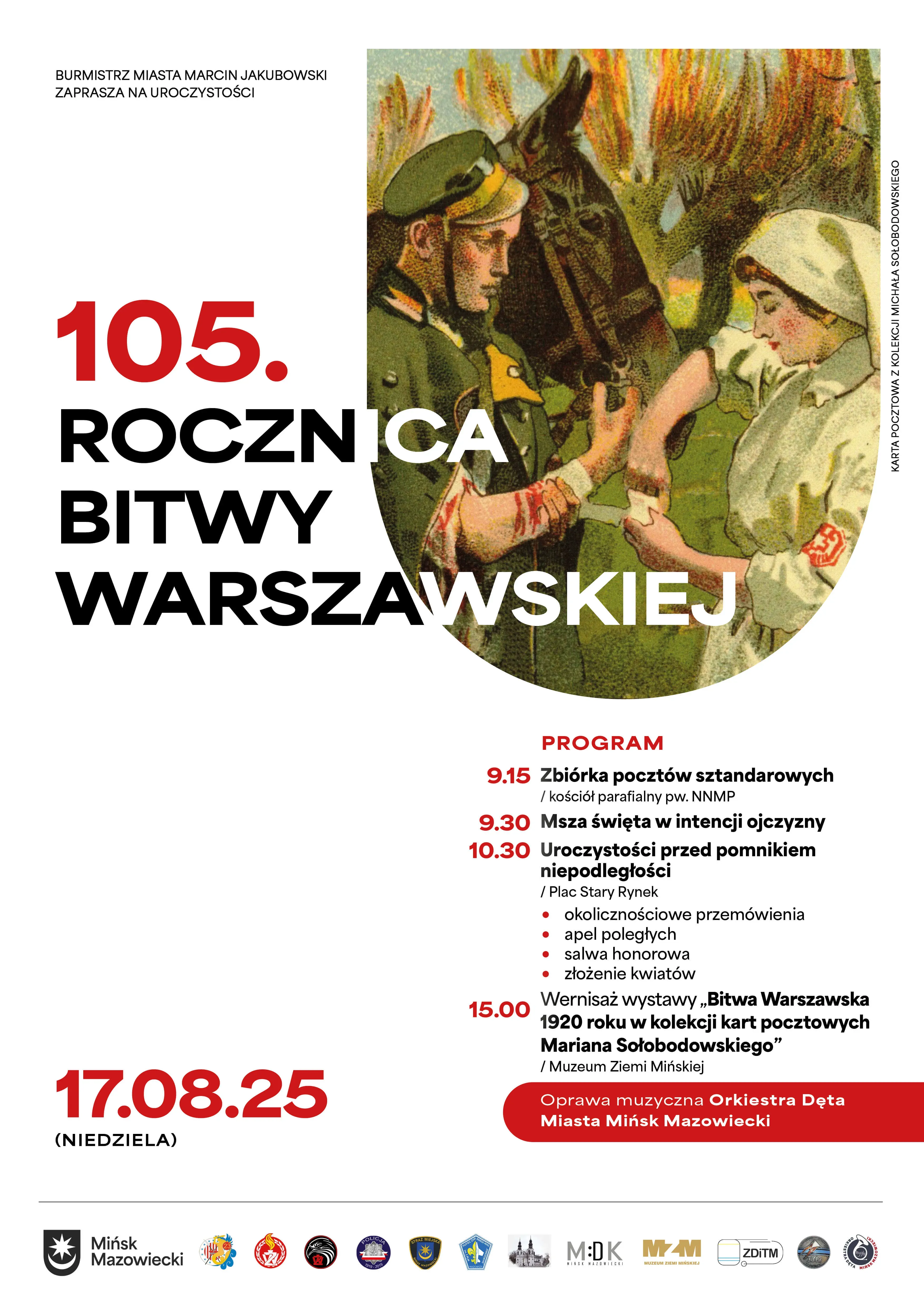 Sanitariuszka opatruje rannego żołnierza obok konia na tle drzew. Naokoło na białym treści.