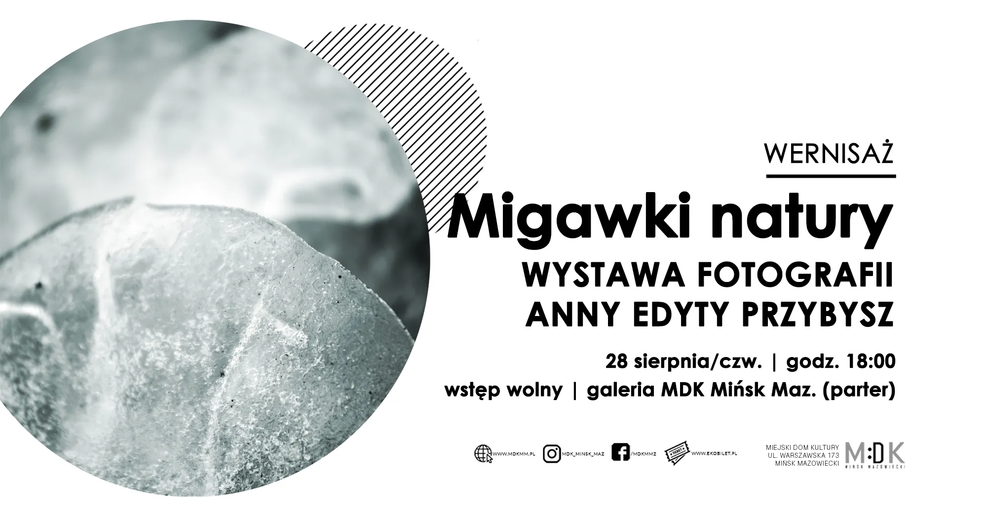 Plakat promujący wystawę fotografii "Migawki natury" Anny Edyty Przybysz, zawierający informacje o dacie, godzinie i miejscu wydarzenia oraz grafikę w odcieniach szarości.