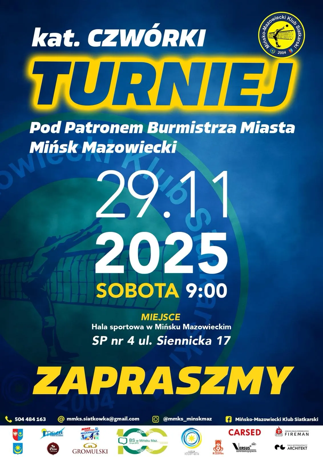 Kliknięcie powiększy obraz. Na niebieskim tle informacje tekstowe. Na dole żółty napis zapraszamy oraz logo i dane kontaktowe klubu siatkarskiego.