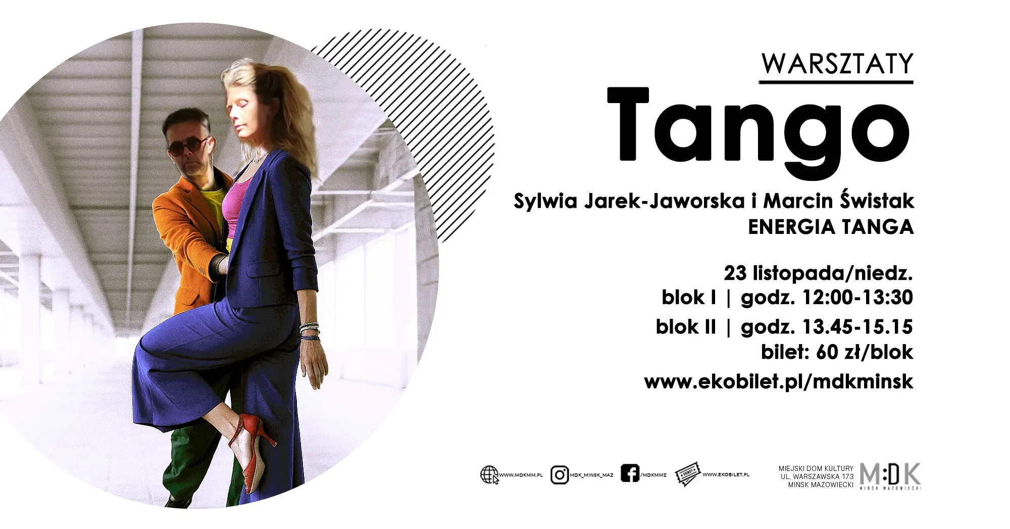 Kliknięcie powiększy obraz. Z lewej w kole para tańczy tango w hali z białym sufitem i szarymi ścianami, kobieta w niebieskim garniturze i czerwonych butach na wysokim obcasie, mężczyzna w pomarańczowej marynarce i ciemnych spodniach. Po prawej stronie informacje o wydarzeniu