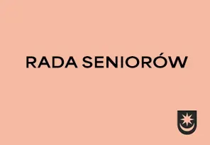 Napis RADA SENIORÓW na jasnoróżowym tle z małym herbem w prawym dolnym rogu.