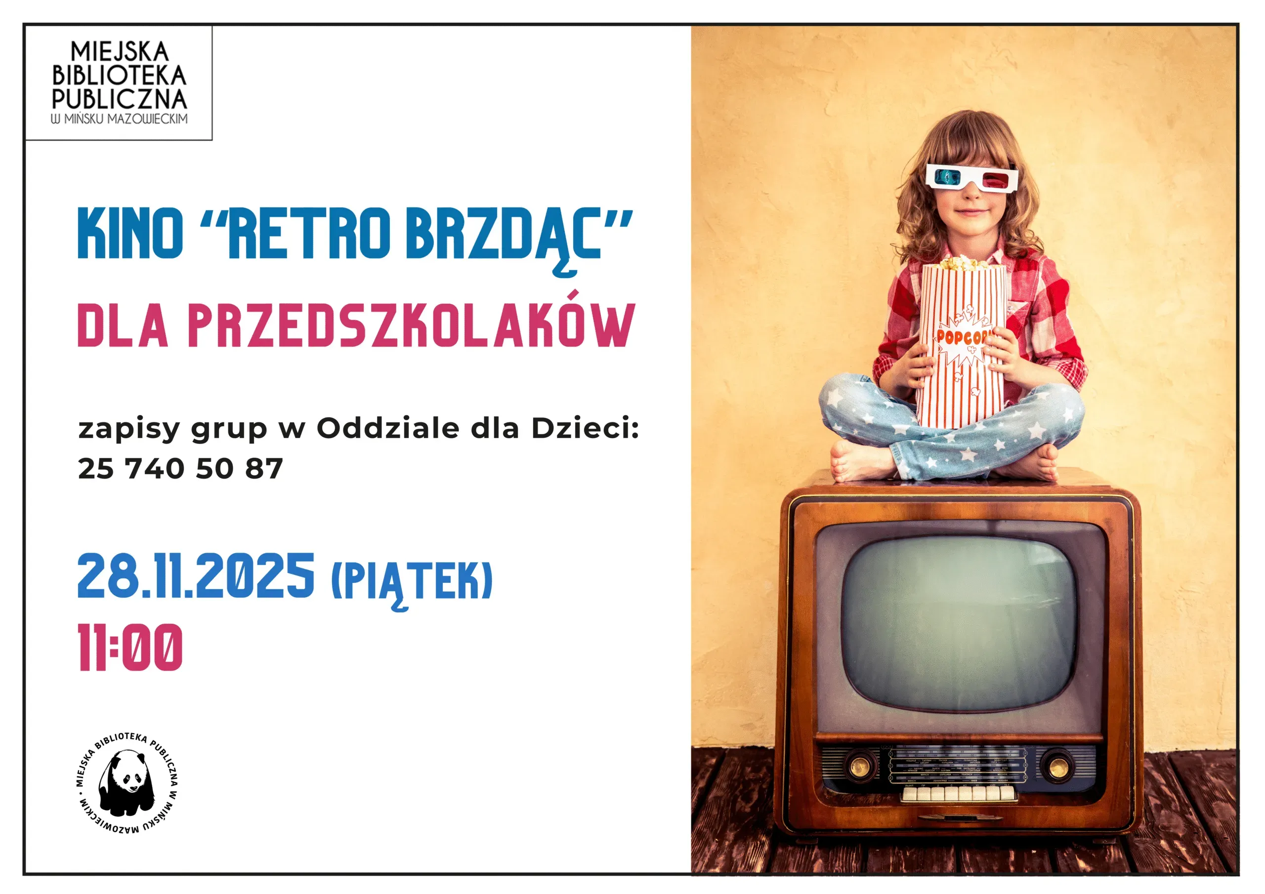 Kliknięcie powiększy obraz. Dziewczynka w czerwono-białej koszuli i niebieskich spodniach w białe gwiazdy siedzi na staromodnym telewizorze. Ma na oczach okulary 3D i trzyma pudełko popcornu. Tło jest żółte. Po lewej stronie na białym tle kolorowe informacje.