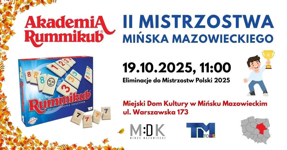 Plakat zapraszający na II Mistrzostwa Mińska Mazowieckiego w Rummikub 19 października 2025 o godzinie 11:00 w Miejskim Domu Kultury przy ulicy Warszawskiej 173.