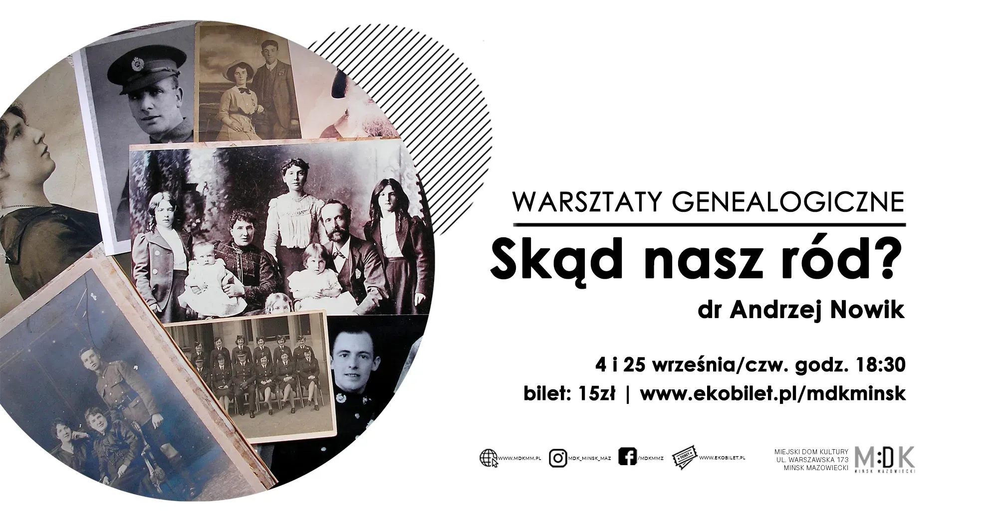 Po lewej w kole zdjęcia archiwalne kilkunastu osób ustawione w kolaż. Po prawej na białym tle informacje zawarte w treści