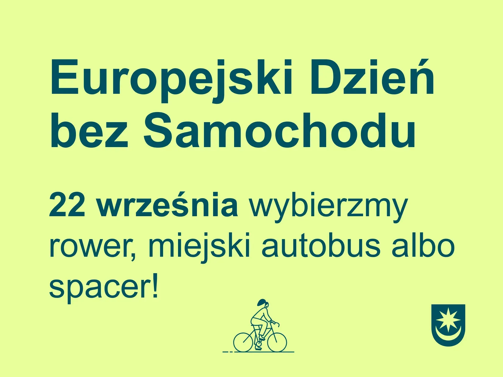 Na jasnym zielonym tle informacje. Na dole ikona osoby na rowerze i herb.
