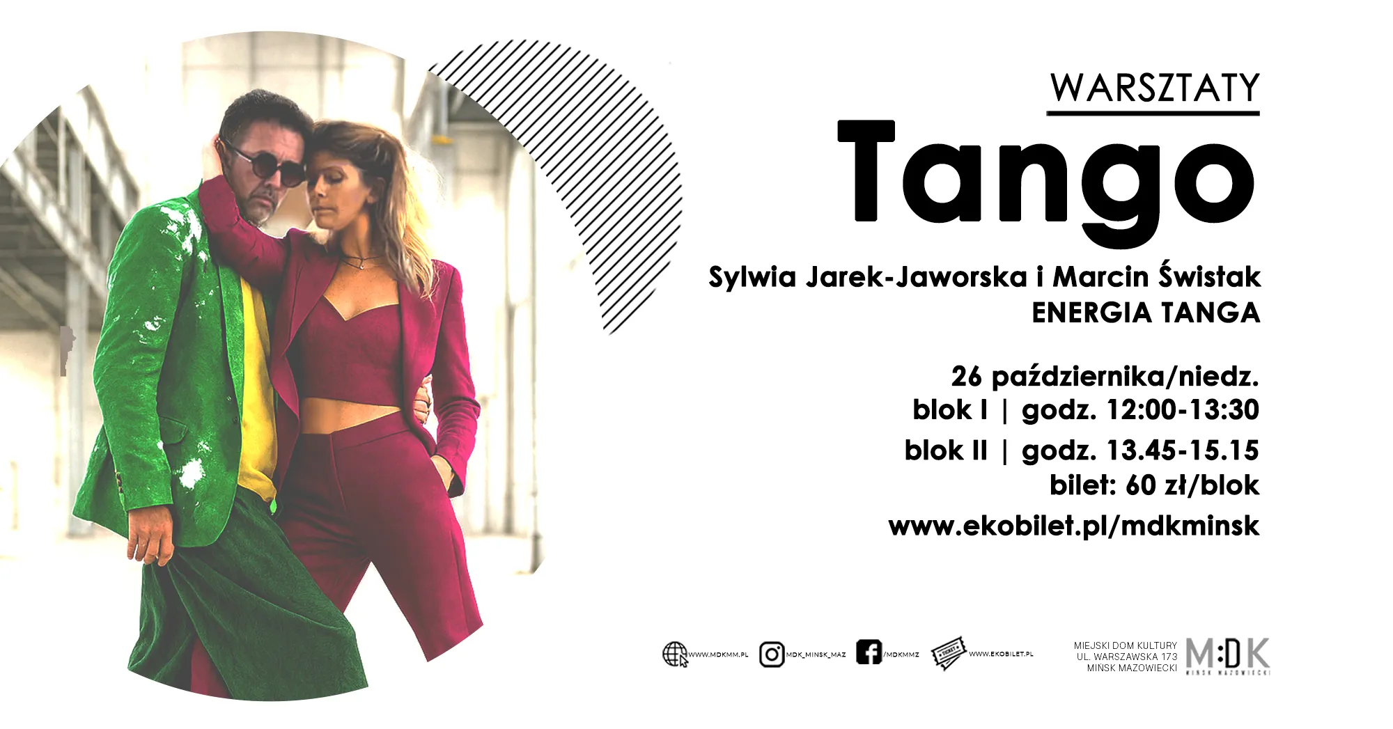 Para tancerzy w kolorowych strojach w bliskim tańcu obok informacji o warsztatach tango z datą i godzinami oraz ceną biletu.