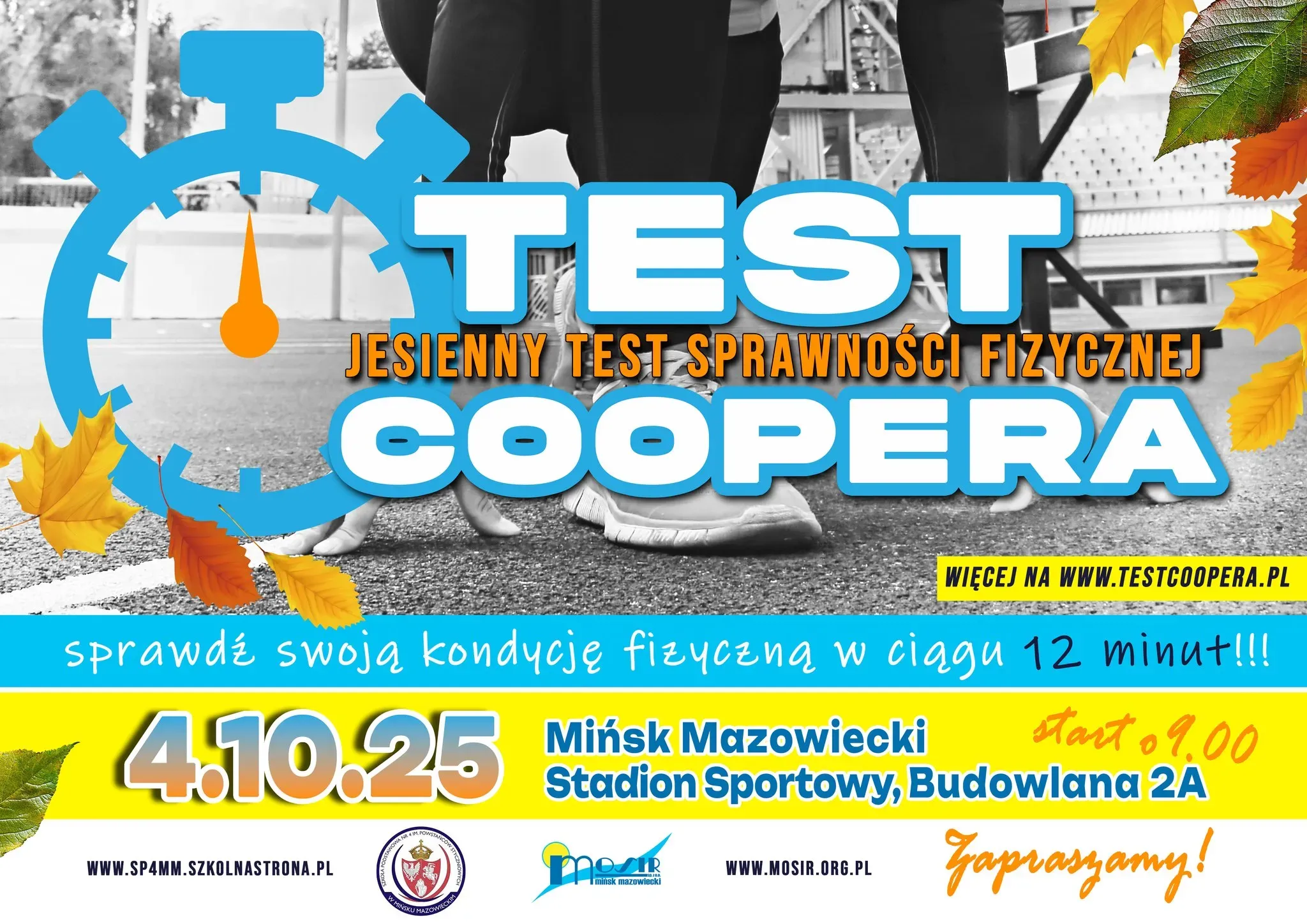 Kolorowa grafika i informacje zamieszczone w artykule. Po środku grafika stoperu z jesiennymi liścmi. W tle zdjęcie butów sportowych na nawierzchni.