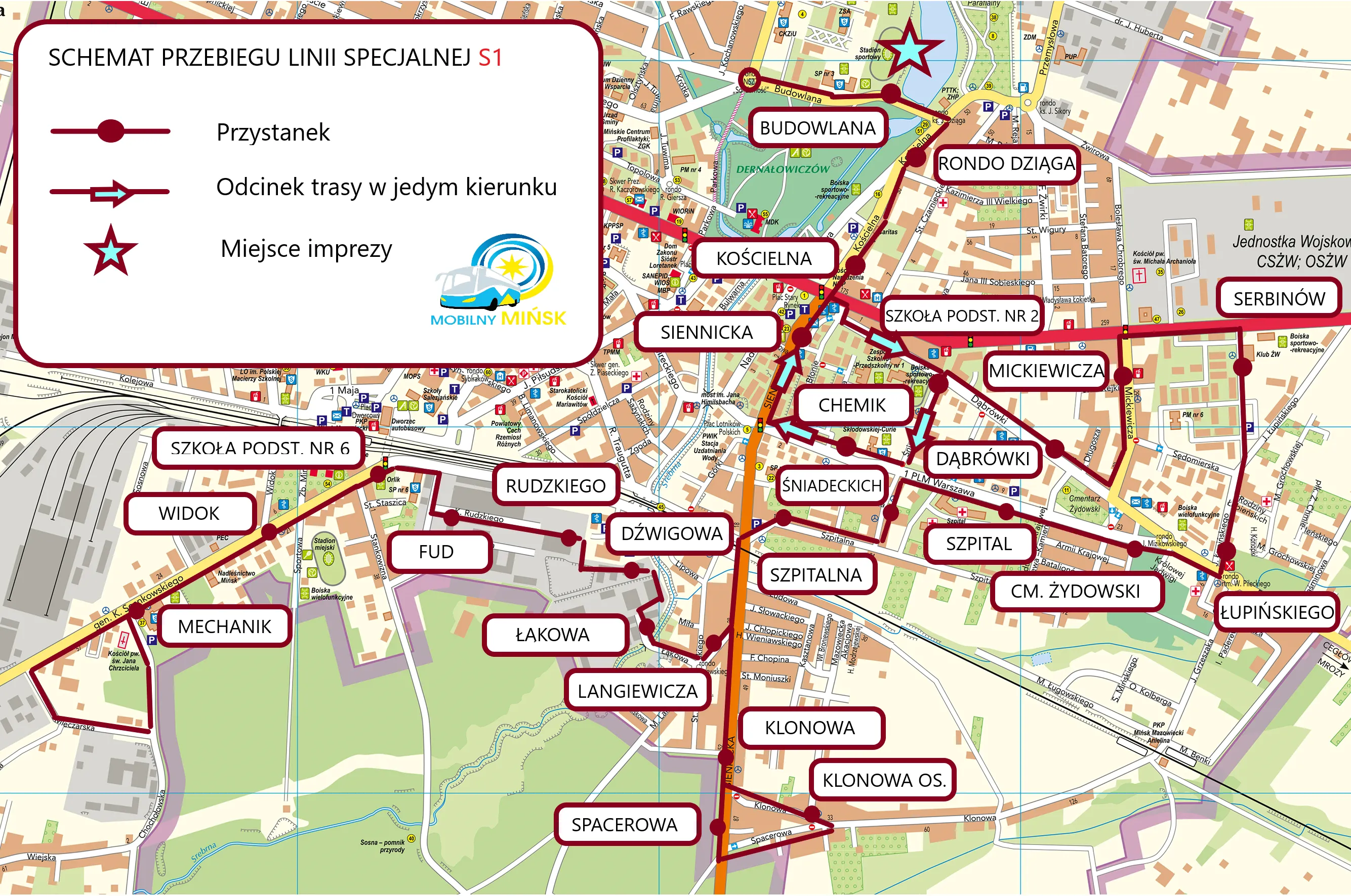 Kliknięcie powiększy obraz. Mapa miasta z trasą specjalnej linii autobusowej S1, z oznaczonymi przystankami i miejscem imprezy przy stadionie sportowym.