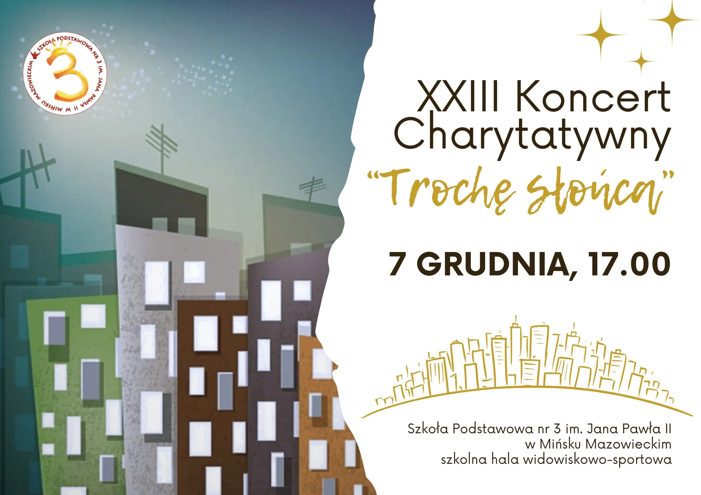 Kliknięcie powiększy obraz. Kolorowa ilustracja wieżowców po lewej stronie na tle nocnego nieba, po prawej stronie białe tło z tekstem zapraszającym na koncert charytatywny.