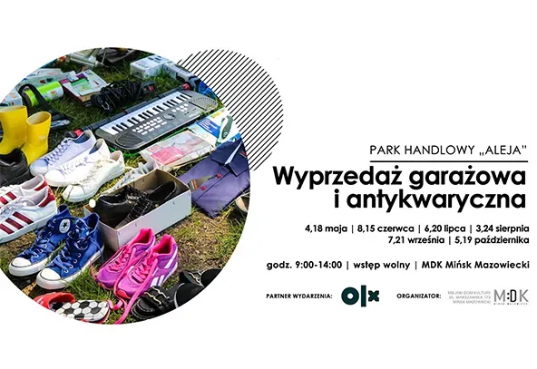 W kole po lewej różnorodne używane obuwie sportowe i elektronika ułożone na trawie obok siebie. Po prawej na białym treść.