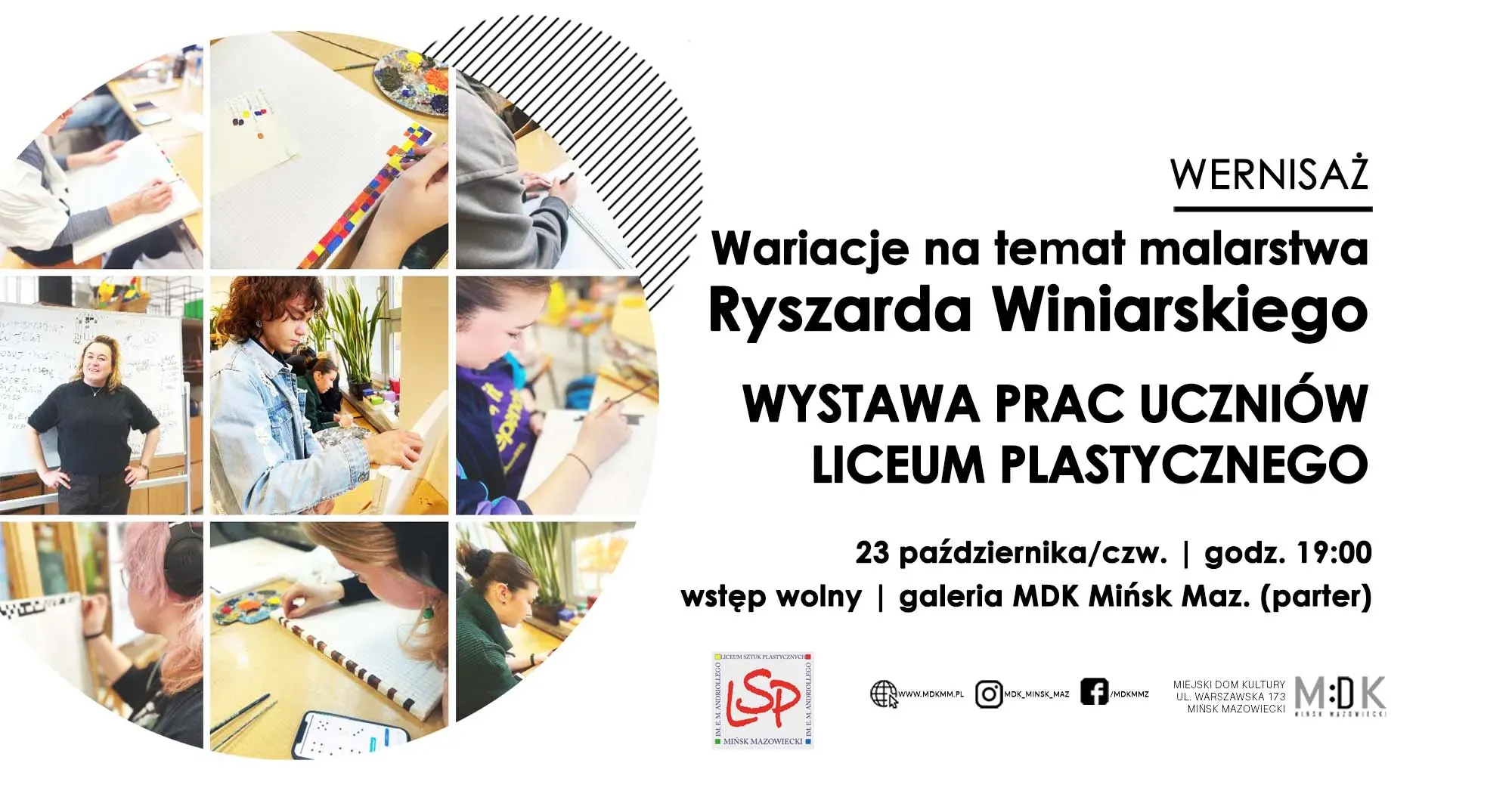 Po lewej w kole kolaż ośmiu zdjęć uczniów podczas zajęć plastycznych, z dominującymi jasnymi kolorami i twórczą atmosferą. Po prawej na białym tle informacje o wydarzeniu zawarte w treści